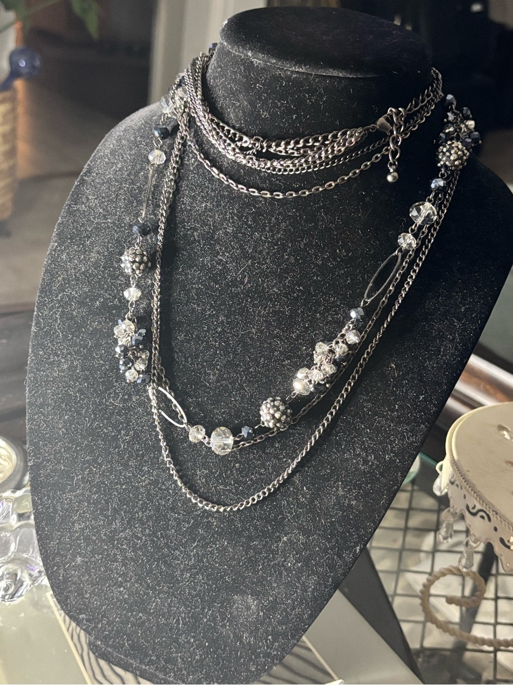 Multi-Strand Silver and Crystal Layered Necklace
